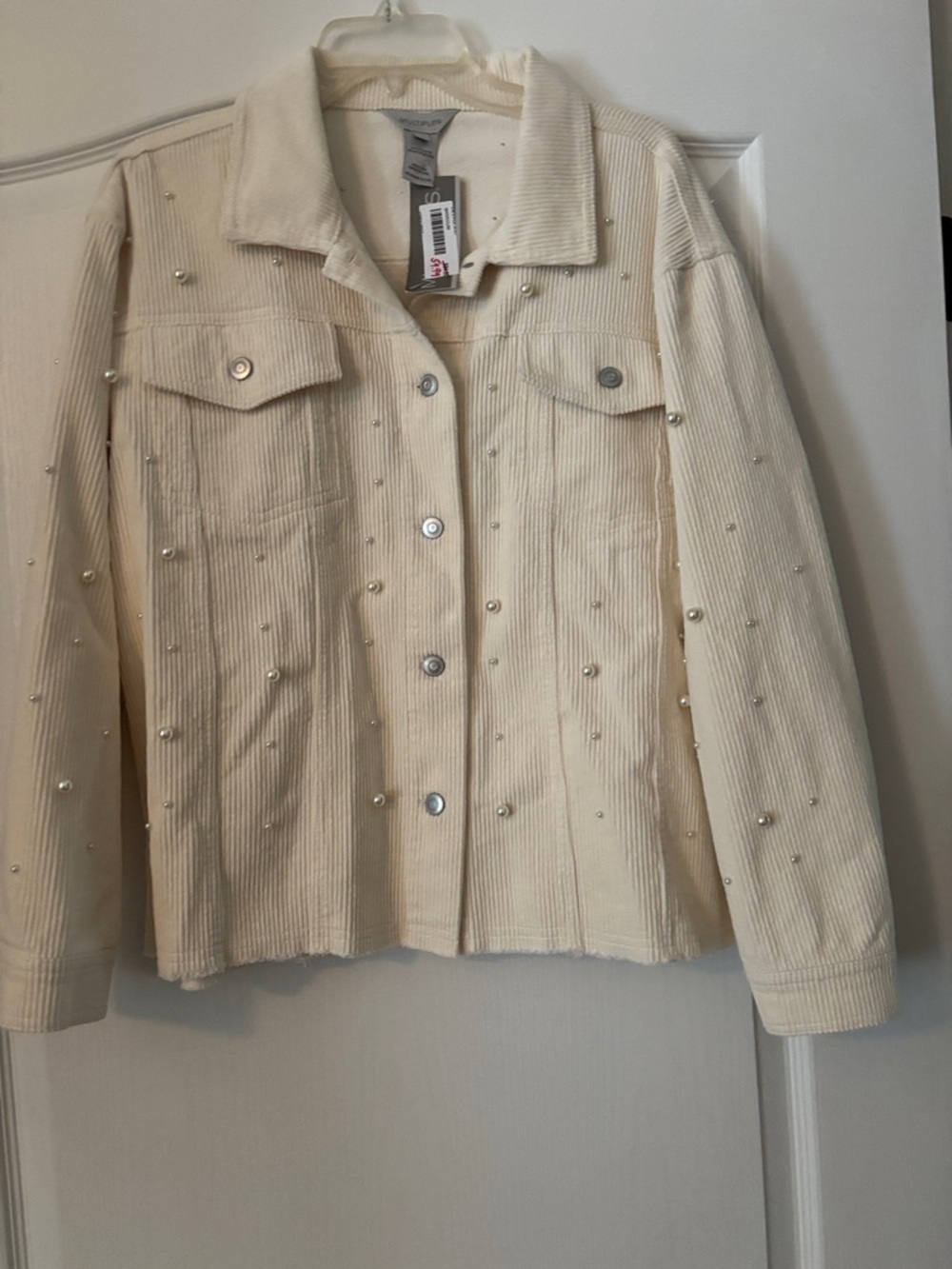 Multiples Cream Pearl-Studded Corduroy Jacket